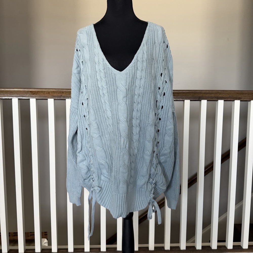 Oversized Chunky Cable Knit Blue Lace Up Sweater Pullover Large Fisherman Coast‎
